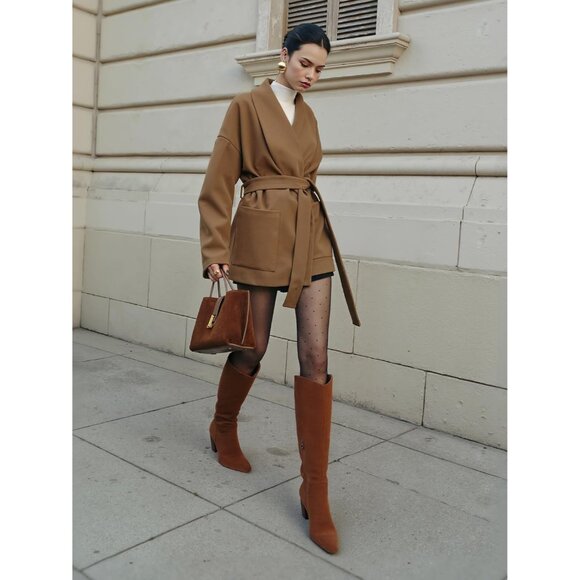 Women Knee High Darkbrown Boot Square Toe Chunky Heel Wide Calf Tall Zipper Boot - Picture 5 of 7